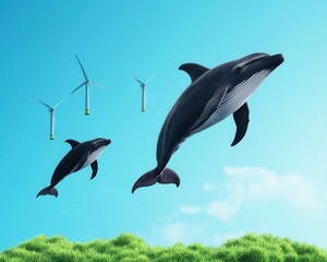 Ocean wildlife, including dolphins and whales, near offshore wind turbines, eco-friendly energy