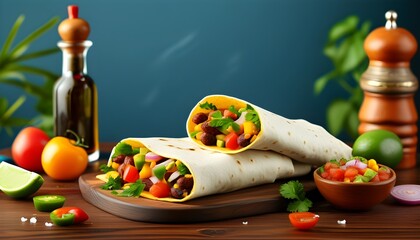 Delicious gourmet burrito featuring traditional Mexican flavors, perfect for restaurant menus and enticing advertisements