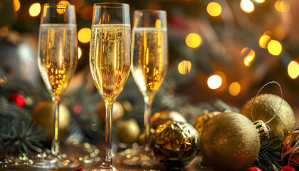 New Years Eve celebration with champagne and shiny bokeh golden background