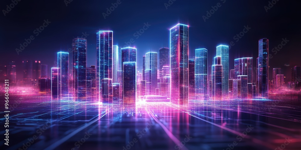 Futuristic city skyline with glowing skyscrapers and neon lights ...