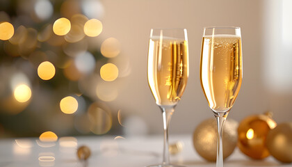 New Years Eve celebration with champagne and shiny bokeh golden background