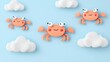 Cartoon crabs with rosy cheeks on a light blue background with floating clouds