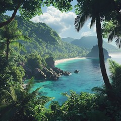 Sticker - Secluded tropical beach with lush green foliage and clear turquoise water.