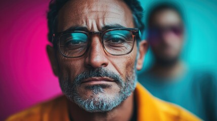 An elderly man with glasses wears a serious expression while standing against a colorful and vibrant background, capturing a contrast of age and modern artistic elements.