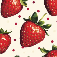 Poster - Seamless pattern with red strawberries and white and red dots on a light background.