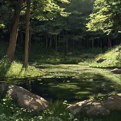 Canvas Print - Serene forest pond with lush greenery and sunlight filtering through the trees.