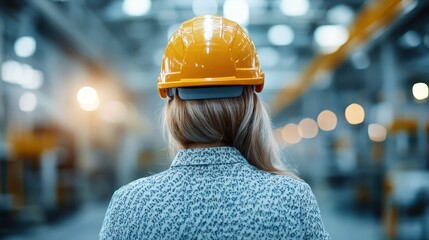 An image capturing the back view of a woman in a yellow hardhat, standing in a modern factory setting, emphasizing industry, safety, and the professional environment.