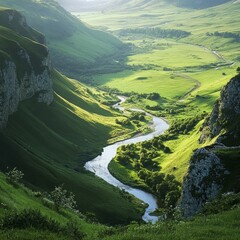 Poster - Serpentine river winding through a lush green valley.