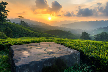 Wall Mural - Scenic view of a tea plantation in the hills at sunset with a large stone in the foreground.