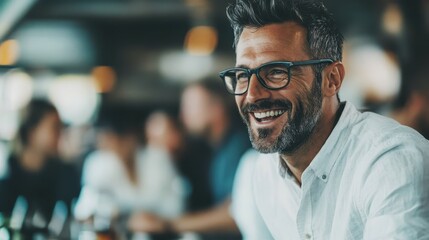 A man with dark hair and glasses is seen smiling in an indoor environment, with blurred background indicating a bustling place, enhancing the lively and cheerful atmosphere.