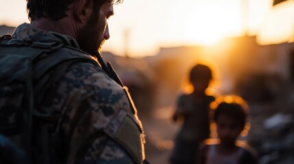 A soldier in camo uniform stands with his back facing the camera, watching children playing in a war-torn area during sunset, symbolizing hope amidst conflict.