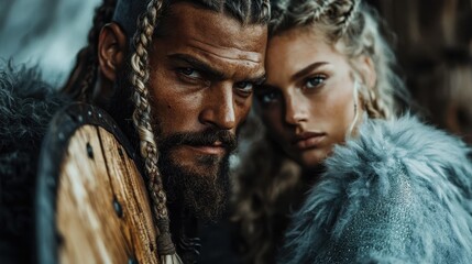 close-up of a viking male and female warrior, the man's face displaying determination and the woman 