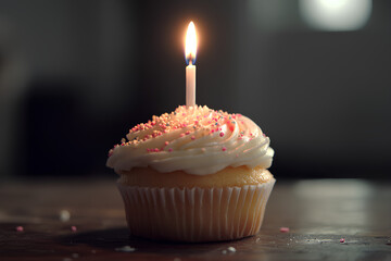 A decorated cupcake with a candle, symbolizing celebration or a birthday.