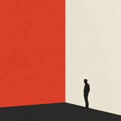 Wall Mural - Silhouette of a man standing at the corner of a red and white wall.