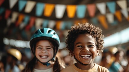 A joyful image of two smiling children wearing helmets, standing in front of colorful flags at a festival, capturing the spirit of fun and adventure in a lively environment.