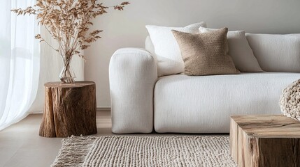 Wall Mural - inviting minimalist living room with a white textured sofa soft pillows and rustic wooden side table offering a cozy and warm home interior