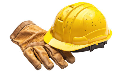 A yellow construction helmet with gloves, isolated on transparent background