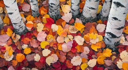 Wall Mural - Colorful autumn leaves cover the ground beneath birch trees in a vibrant forest setting