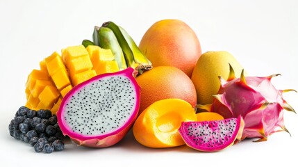 Exotic fruits, a visual delight, showcase their vibrant hues on a clean white background.