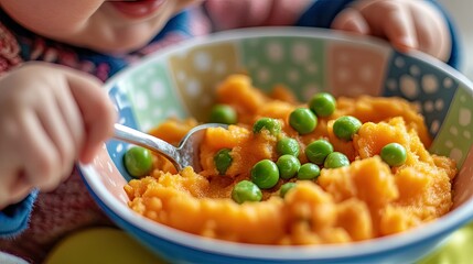 A close-up of a colorful bowl of mashed carrots and peas, with a happy baby reaching for a spoon, showcasing healthy homemade baby food and nutrition