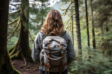 Wall Mural - AI generated image of a happy young person exploring walking in forest