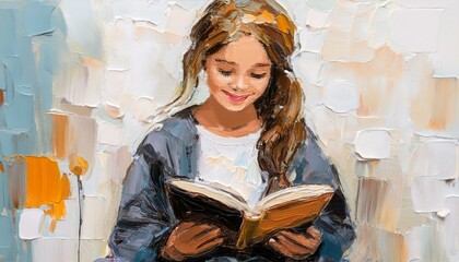 A young girl reads an interesting book on a light white background. Oil painting on canvas