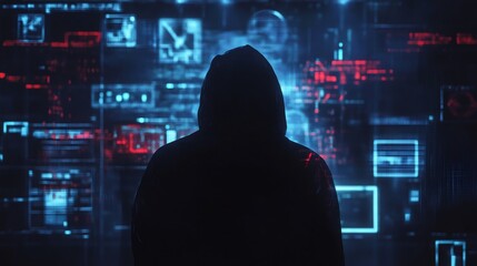 A hooded figure stands in front of a digital screen displaying blue and red data, creating an image of a mysterious hacker.