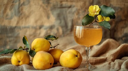 Wall Mural - A close-up of quince fruits and a glass of quince alcohol drink on a canvas background, showcasing the natural ingredients and rich flavors of this unique beverage