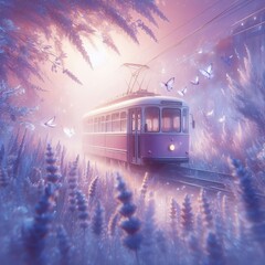 Wall Mural - Ethereal Lavender Soft lavender tones surround the trolleybus co