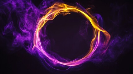 neon glowing geometric smoke circle in purple and yellow on black background, vibrant and dynamic abstract design for modern and artistic display