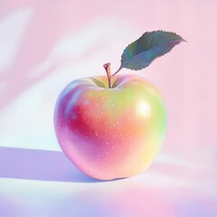 Poster - Single, red apple with a green leaf sitting on a white surface with a pink background.