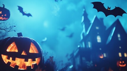 Wall Mural - A Halloween event with a blue background. Incorporate spooky and festive visuals like pumpkins, bats, ghosts, or haunted houses.