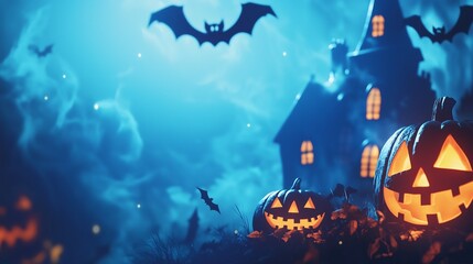 Wall Mural - A Halloween event with a blue background. Incorporate spooky and festive visuals like pumpkins, bats, ghosts, or haunted houses.