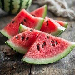 Poster - Slices of juicy watermelon on wooden table.