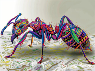 A colorful ant with a black head and red legs. The ant is standing on a white surface