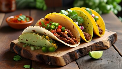 Colorful tacos served on rustic wooden plate, celebrating vibrant Mexican flavors, perfect for menu designs and culinary promotions.