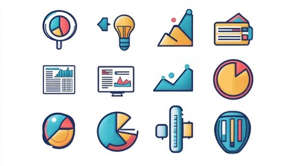 Vector illustrations of data analysis icons with a duo-tone color scheme,