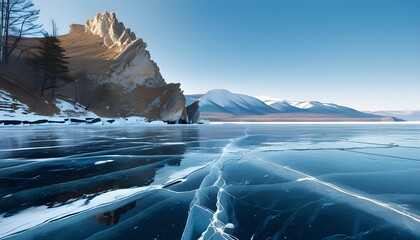 Wall Mural - Winter wonderland of frozen Lake Baikal with majestic mountains, striking blue ice, and intricate cracks creating a breathtaking natural backdrop