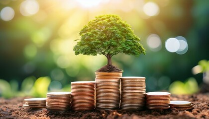 Thriving Tree on Coins Pile Represents Financial Growth and Investment in Bright Natural Setting