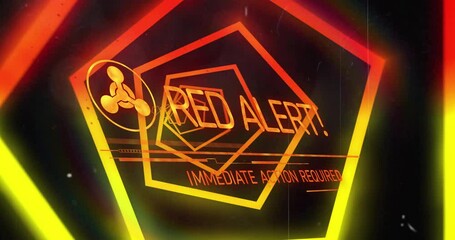 Wall Mural - Animation of red alert text and data processing over neon tunnel