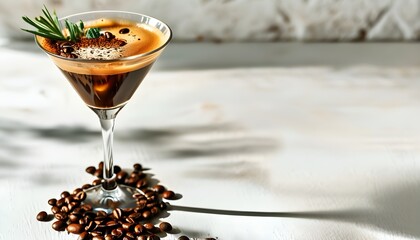 Wall Mural - Chic espresso martini cocktail adorned with coffee beans on a minimalist white table, perfect for summer refreshment and modern design inspiration