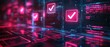 © Wan - Digital check marks with futuristic neon lights on computer interfaces, representing system validation and cyber security verification.