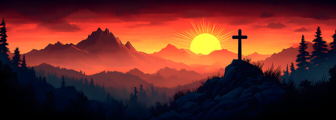 “Vector Illustration of a Silhouetted Christian Cross on a Mountain at Sunrise”
