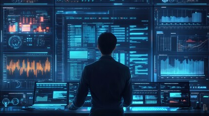 A person sits in front of multiple computer screens displaying data charts, graphs, and code in a dark room.