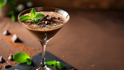 Indulgent chocolate martini on a rich brown backdrop, a refreshing summer cocktail perfect for trendy banners and posters