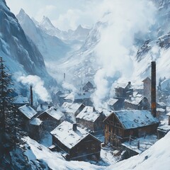 Sticker - Snowy mountain village with smoke rising from chimneys.