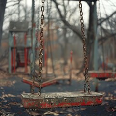 Close-up view of an old swing in an abandoned playground with a moody atmosphere, surrounded by leafless trees and fallen leaves.