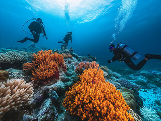 Canvas Print - Three scuba divers are swimming in the ocean near a coral reef. The coral reef is full of colorful plants and fish. Scene is peaceful and serene, as the divers are surrounded by the beauty of nature