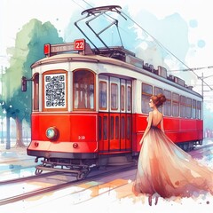 Wall Mural - Watercolor Tram A watercolor style illustration of a red tram wi