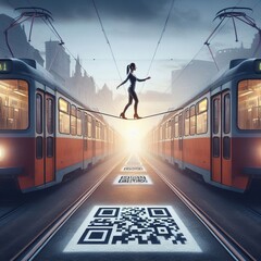 Wall Mural -  Woman balancing on QR code tightrope between two trams Izobraje